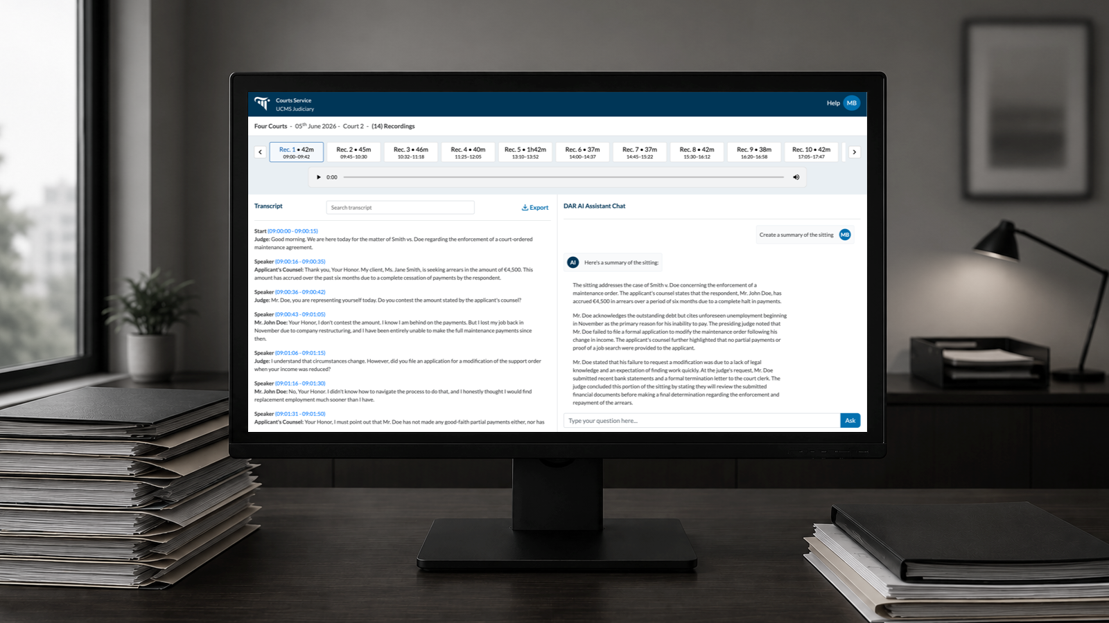 DAR AI Assistant transcript and chat interface