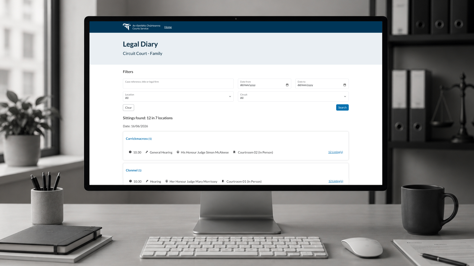 Search, scheduling and judiciary portal interfaces